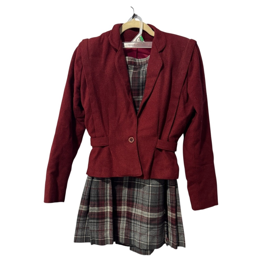 Vintage Dominique Burgundy Plaid Wool Blend blazer and tanjay skirt Set Women